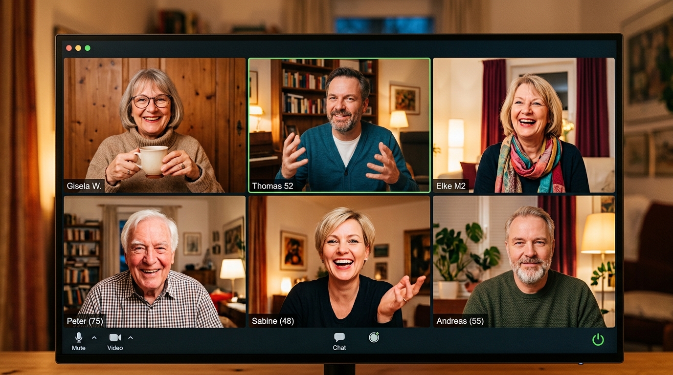 Sechs Menschen unterschiedlichen Alters lachen gemeinsam in einer Videokonferenz
